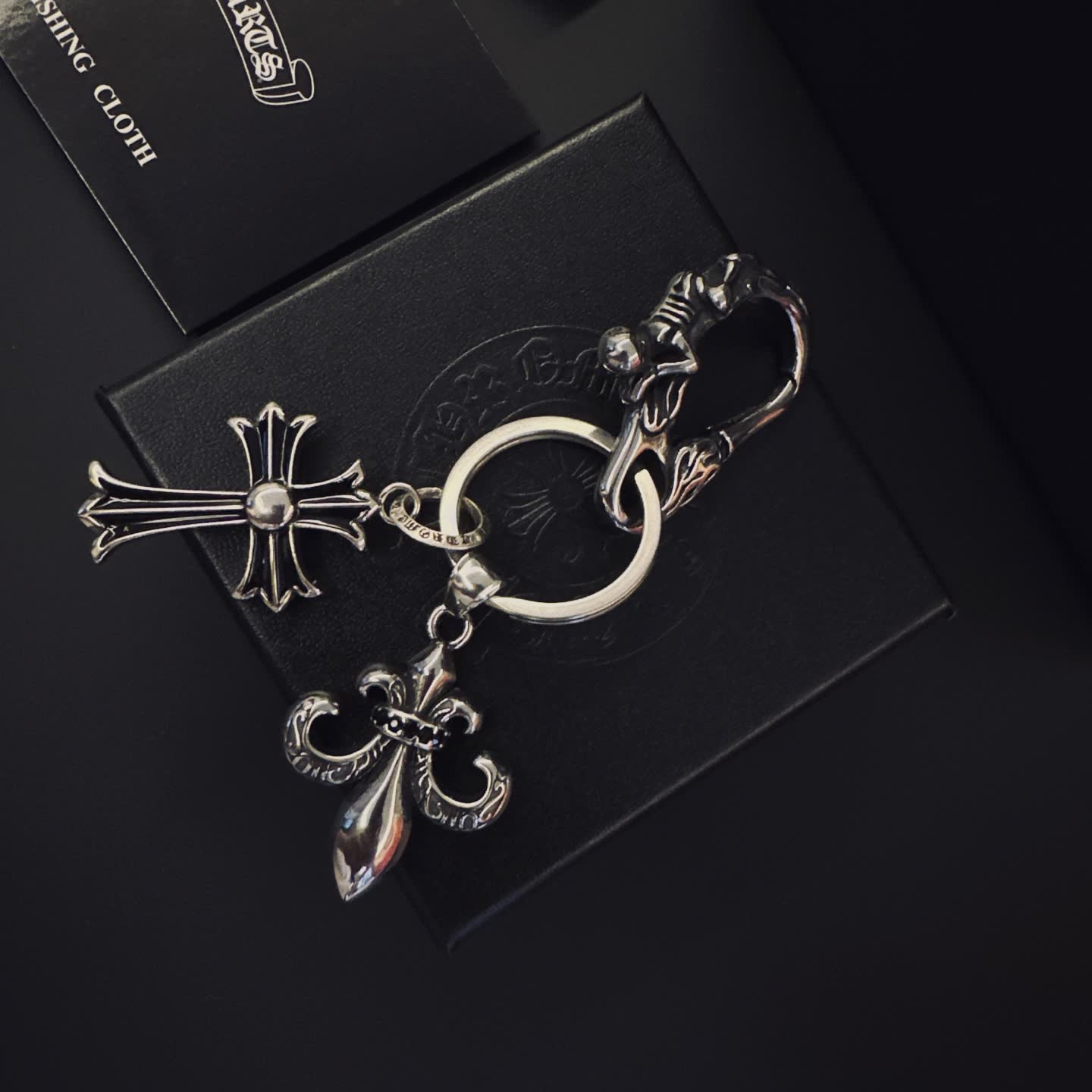 Chrome Hearts Silver Keychain with Cross and Fleur-de-lis Charms
